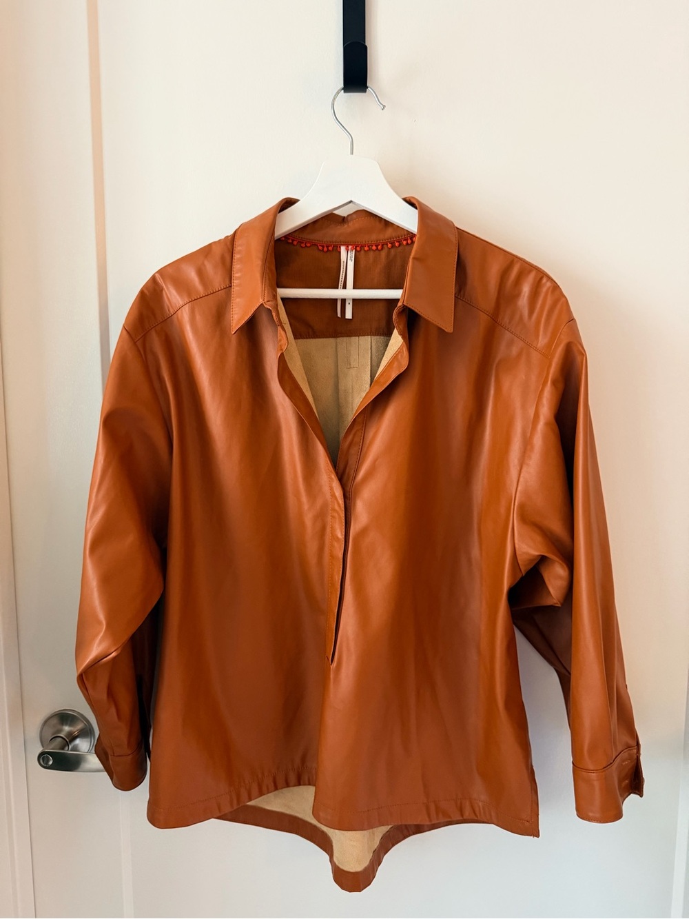 Anthropologie Vegan Leather Popover Blouse Camel Brown Size M